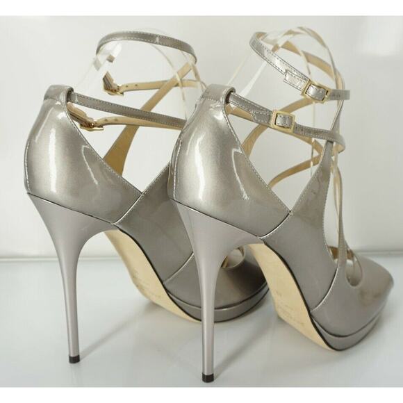 Jimmy Choo Beige Metallic Patent Atlas Strappy Platform Sandals - Picture 4 of 10